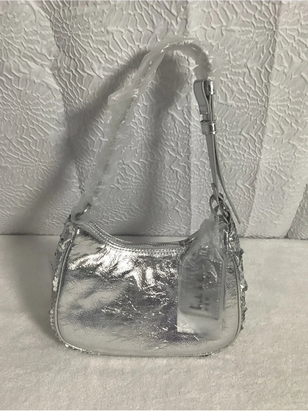 Nicole Miller Silver Sequin Hobo Mini Shoulder Bag NEW y2k
